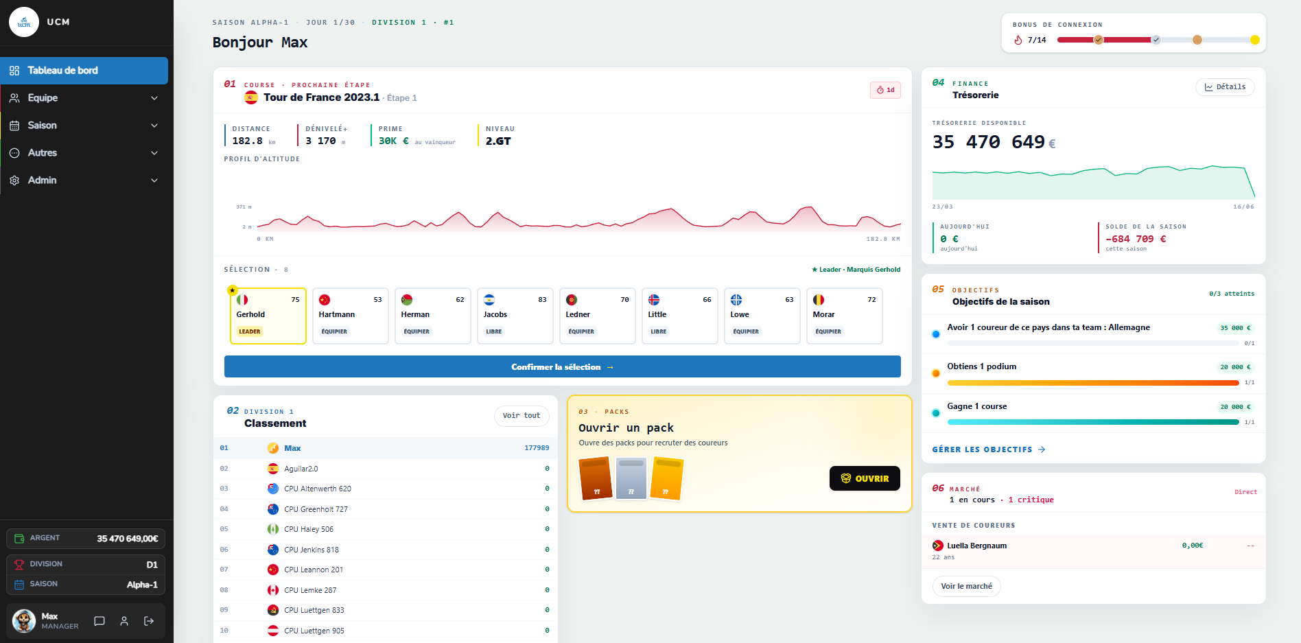 Ultimate Cycling Manager team dashboard